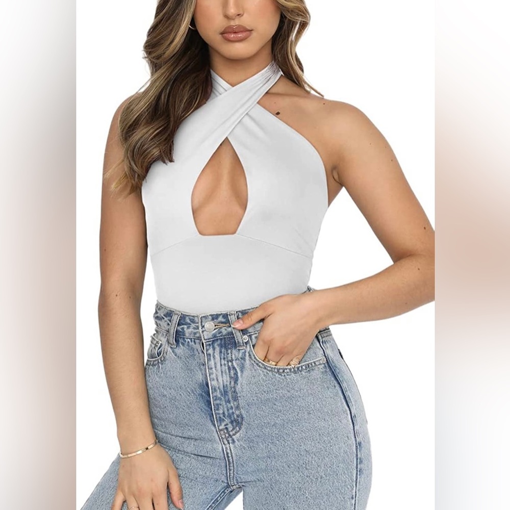 Criss Cross White Halter Bodysuit